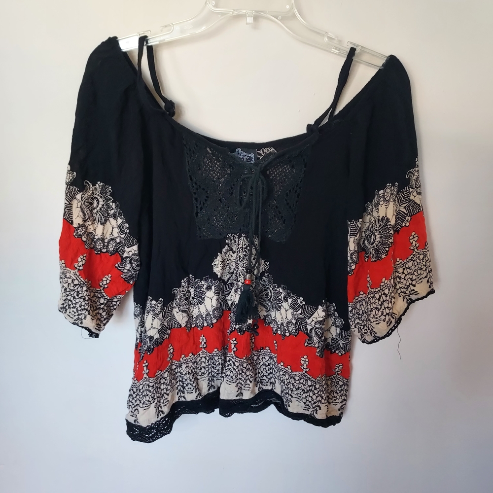 Angie Black & Red Mixed Print Crochet Lace Tassel Top Boho Gypsy Hippie Festival